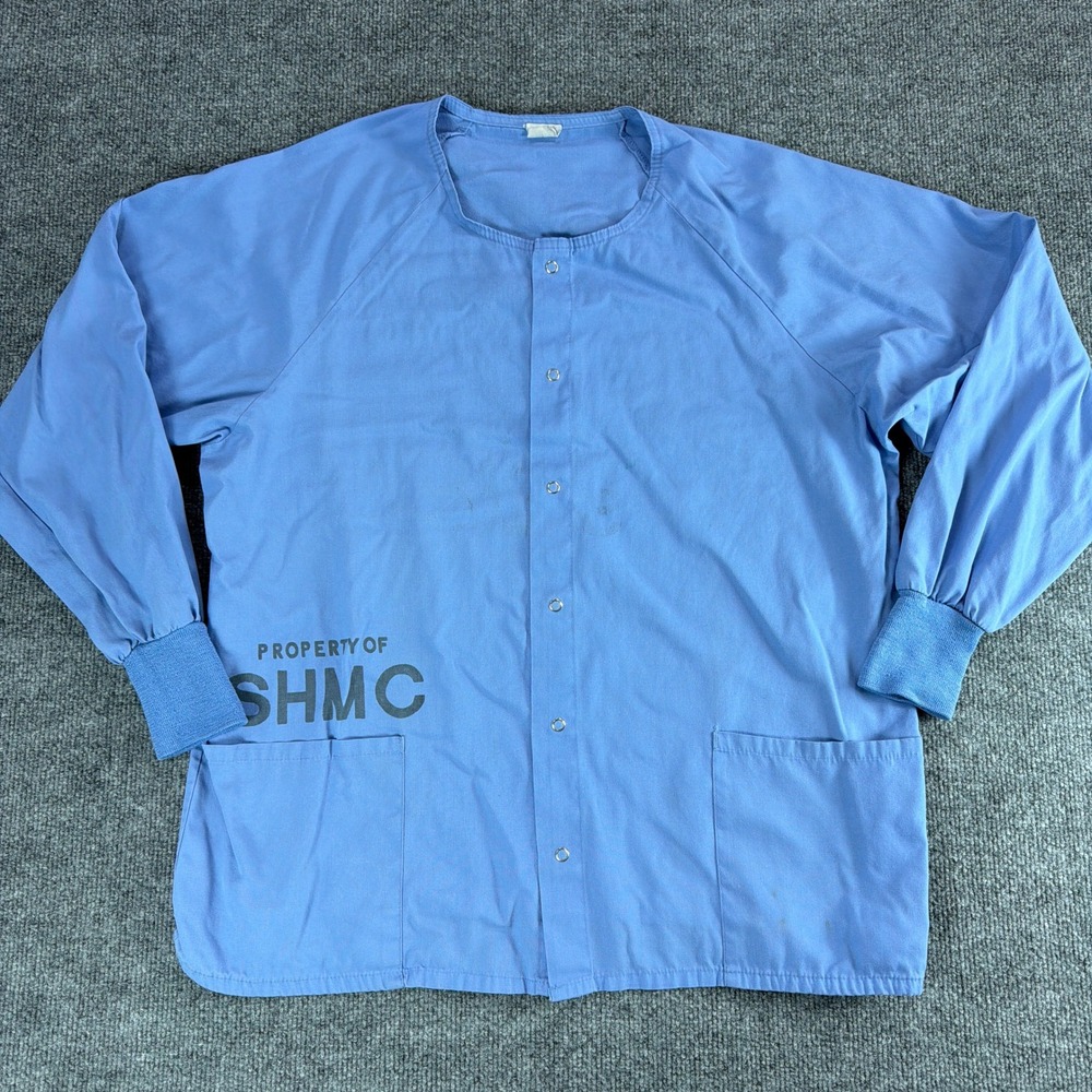 Vintage SHMC Property Of Medical Scrub Jacket Blue Snap Front Ribbed Cuffs Large